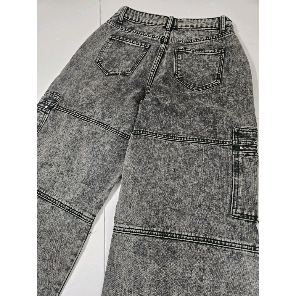 Love Cult Womens Wide Leg Cargo Black Acid Wash Size Small Baggy Denim Y2K - Picture 7 of 10